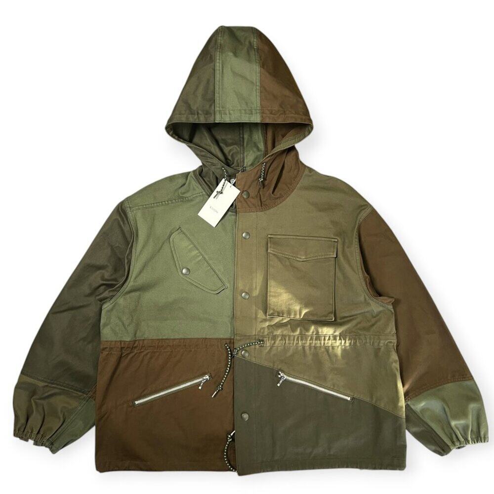 KUON Japan Patchwork Hooded Zip Jacket Mens L Olive Oversized Cotton NWT